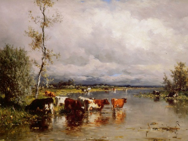 River landscape with cows Sun by Willem Roelofs